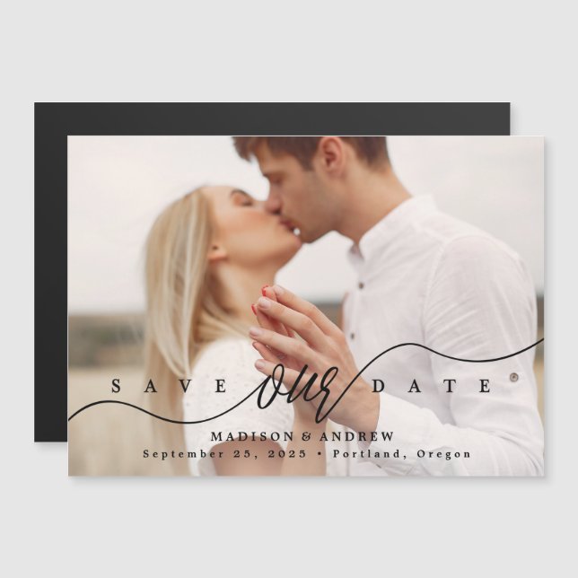 Black | Flourishing Love Photo Save the Date Magnetic Invitation (Front/Back)