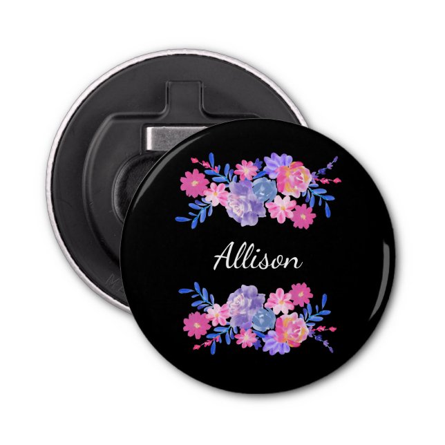 Black Flower Custom Monogram Bottle Opener (Front)