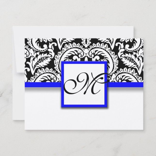 Black Flower Damask with Royal Blue Trim RSVP Card (Front)