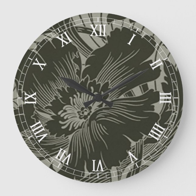 Black Flower Line Art Round Roman Numerals Clock (Front)