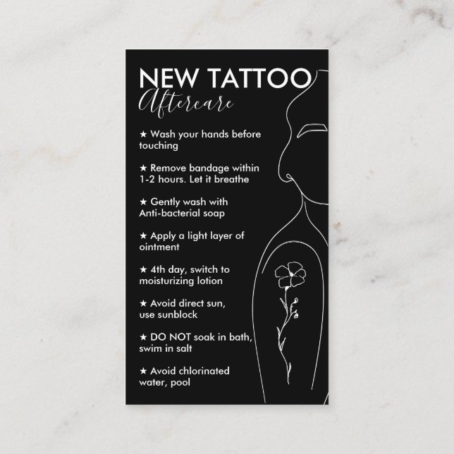 Black Flower on Girl Shoulder New Tattoo Aftercare Business Card (Back)