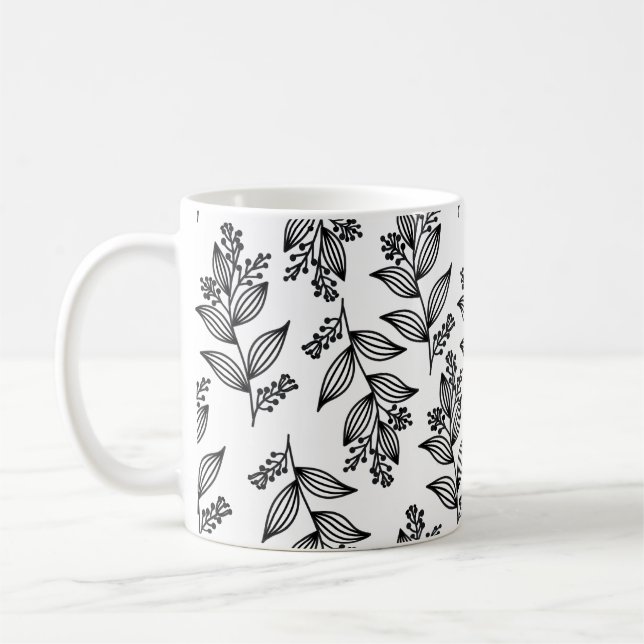 Black Flower Pattern Botanical Dark White  Coffee Mug (Left)