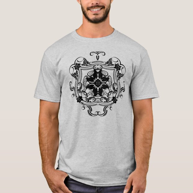 Black Flower Shield Swirly T-Shirt (Front)