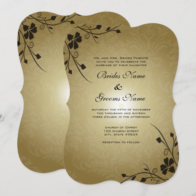 Black Flower Swirls on Gold Damask Wedding Invite (Front/Back)