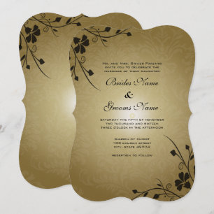 Black Flower Swirls on Gold Damask Wedding Invite