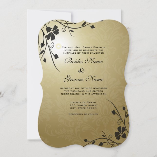 Black Flower Swirls on Gold Damask Wedding Invite (Front)