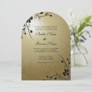 Black Flower Swirls on Gold Damask Wedding Invite