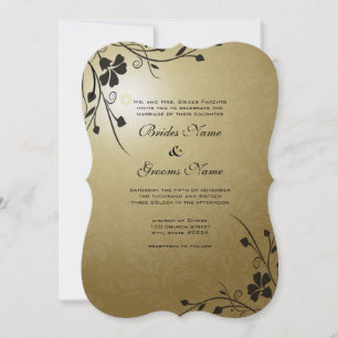 Black Flower Swirls on Gold Damask Wedding Invite