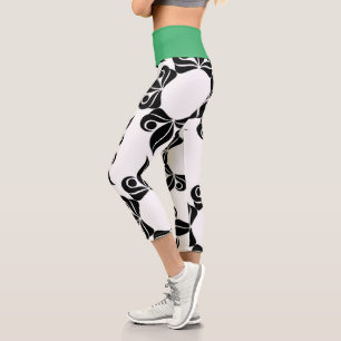 Black Flowers And Green  Capri Leggings