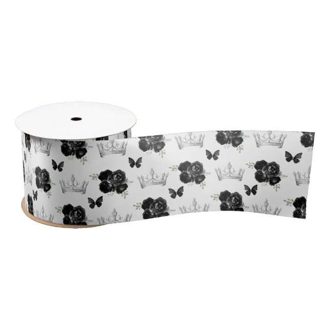 Black Flowers and Silver Crowns Satin Ribbon (Spool)