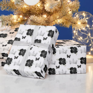 Black Flowers and Silver Crowns Wrapping Paper