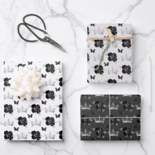 Black Flowers and Silver Crowns Wrapping Paper Sheet