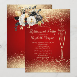 Black Flowers Confetti Wine Glass Red Retirement Invitation