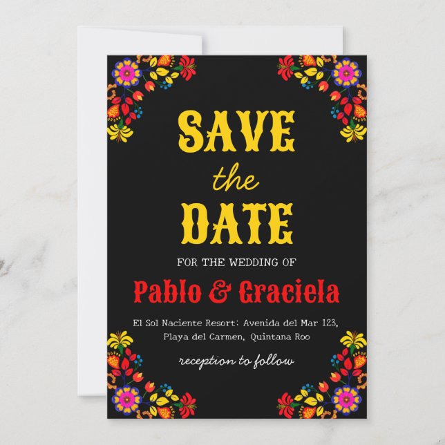 black flowers mexican save the date invitation (Front)