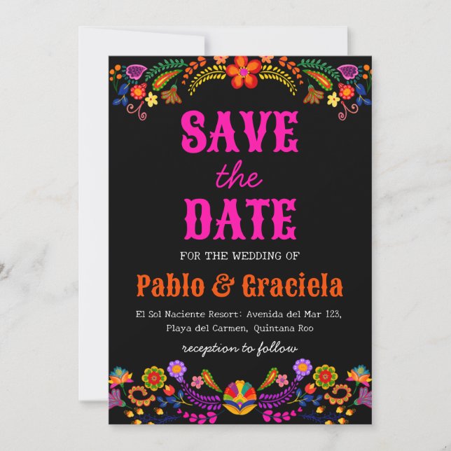 black flowers mexican save the date invitation (Front)