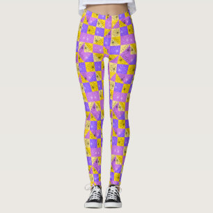 black flowers on pink purple and gold abstract leggings