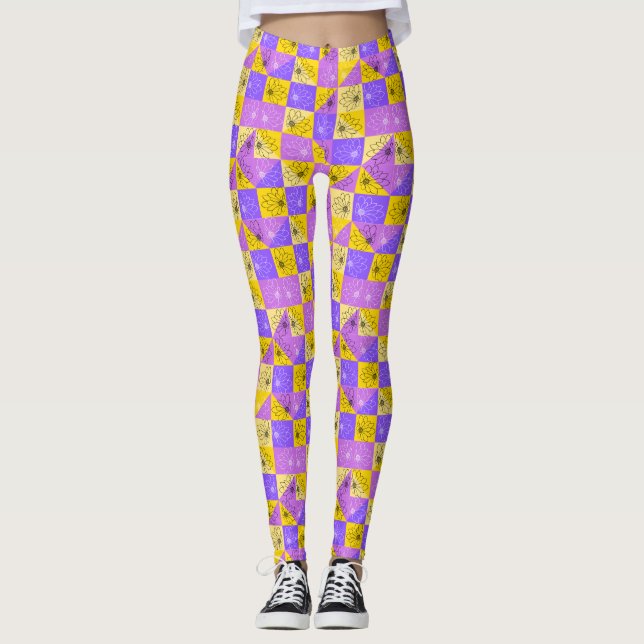black flowers on pink purple and gold abstract leggings (Front)
