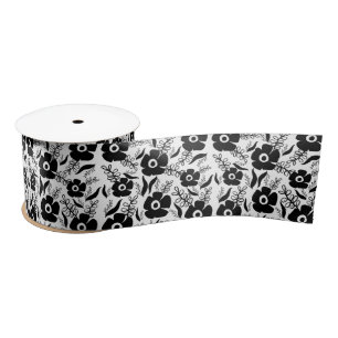 Black Flowers On White Satin Ribbon