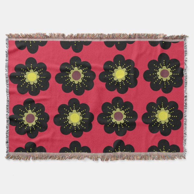 Black Flowers Red Background Scandinavian Flowers  Throw Blanket (Front)