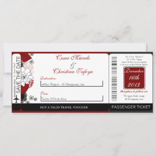 Black Flowers Red Boarding Pass Wedding Invitation