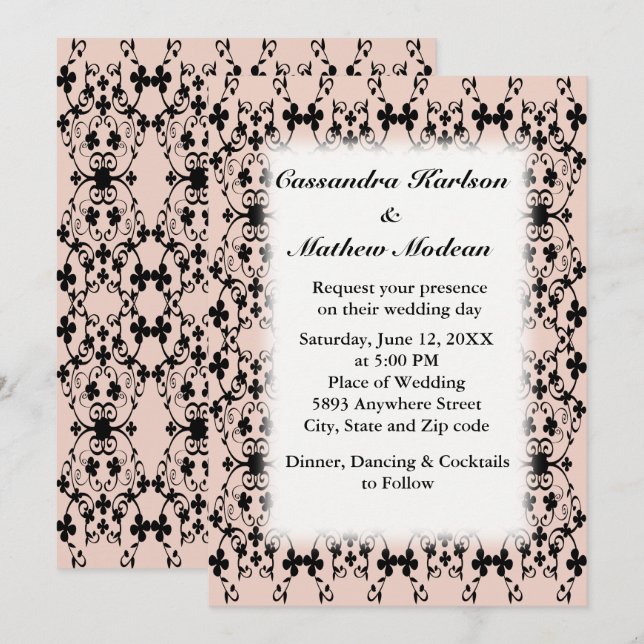 Black Flowers Vines Pale Dogwood or Colour Choice Invitation (Front/Back)