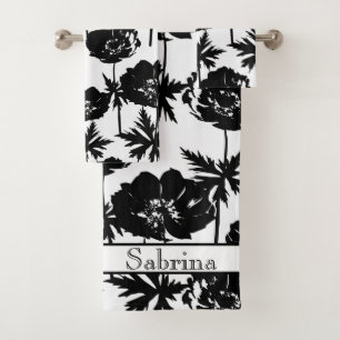 Black flowers, white, Monochrome Bath Towel Set