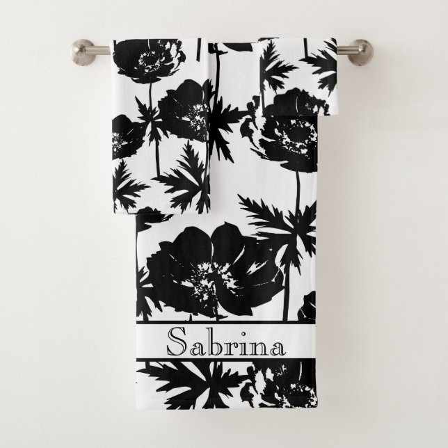 Black flowers, white, Monochrome Bath Towel Set (Insitu)