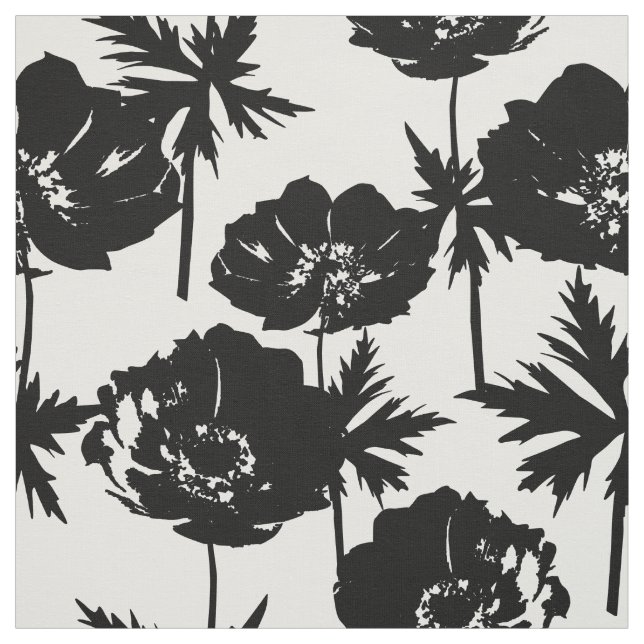 Black flowers, white, Monochrome Fabric (Swatch)