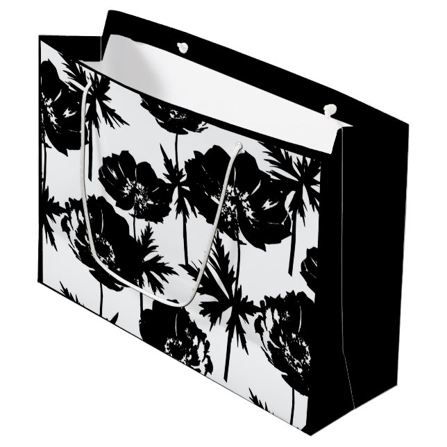 Black flowers, white, Monochrome Large Gift Bag (Front Angled)