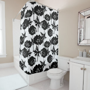 Black flowers, white, Monochrome Shower Curtain