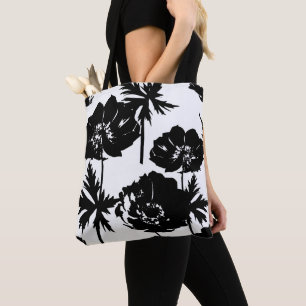 Black flowers, white, Monochrome Tote Bag