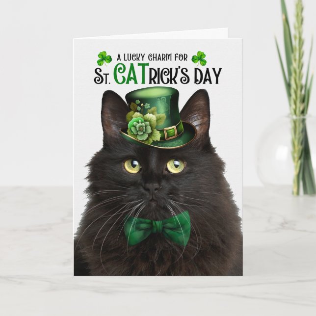 Black Fluffy Cat St. CATrick's Day Lucky Charm Holiday Card (Front)