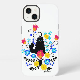 Black Fluffy Cat with Flowers iPhone 13 Case