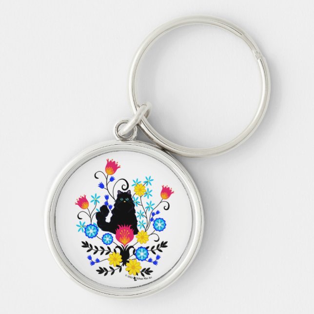 Black Fluffy Cat with Flowers Key Ring (Front)