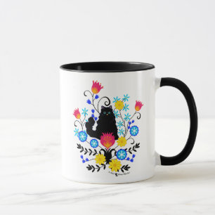Black Fluffy Cat with Flowers Mug