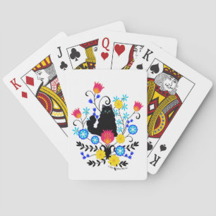 Black Fluffy Cat with Flowers Playing Cards