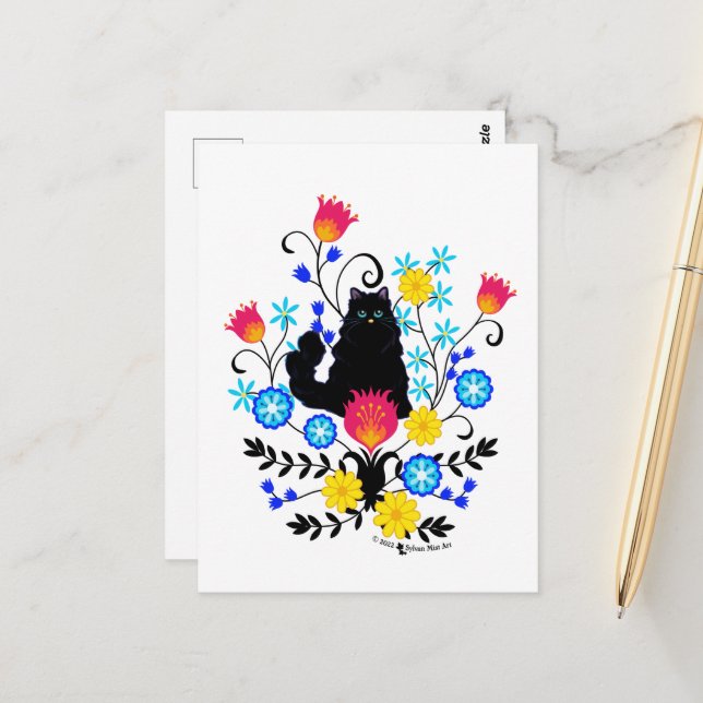 Black Fluffy Cat with Flowers Postcard (Front/Back In Situ)