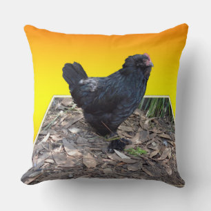 Black Fluffy Chicken On Yellow Popout Big Cushion. Cushion
