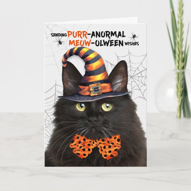 Black Fluffy Halloween Cat PURRanormal MEOWolween Holiday Card (Front)