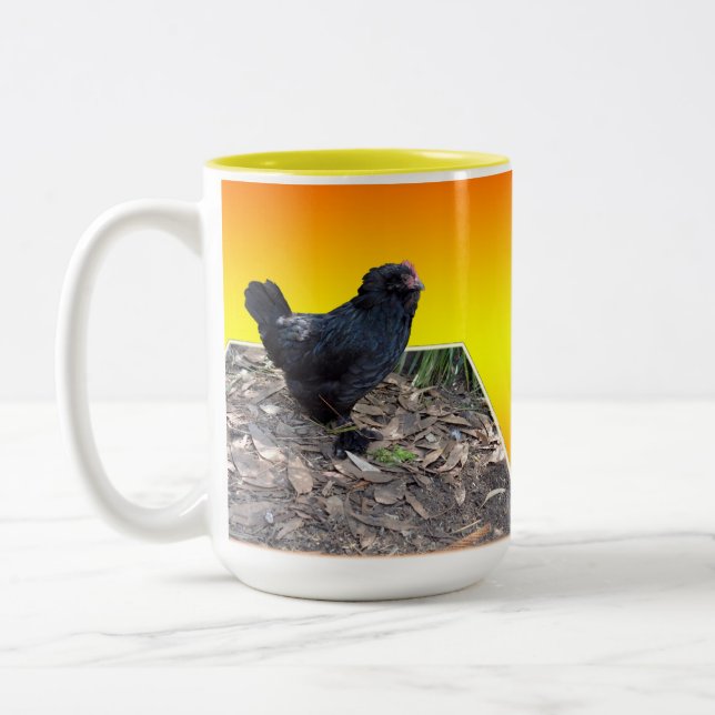 Black Fluffy Rooster Dimensional Art, Two-Tone Coffee Mug (Left)