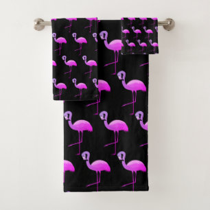 BLACK FLURO FLAMINGO PATTERN BATHROOM TOWEL SET