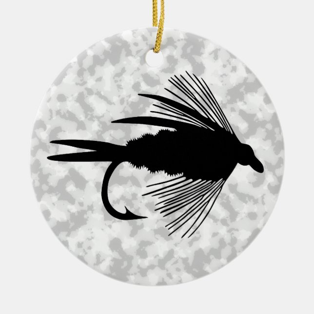 Black fly fishing lure ceramic tree decoration (Front)