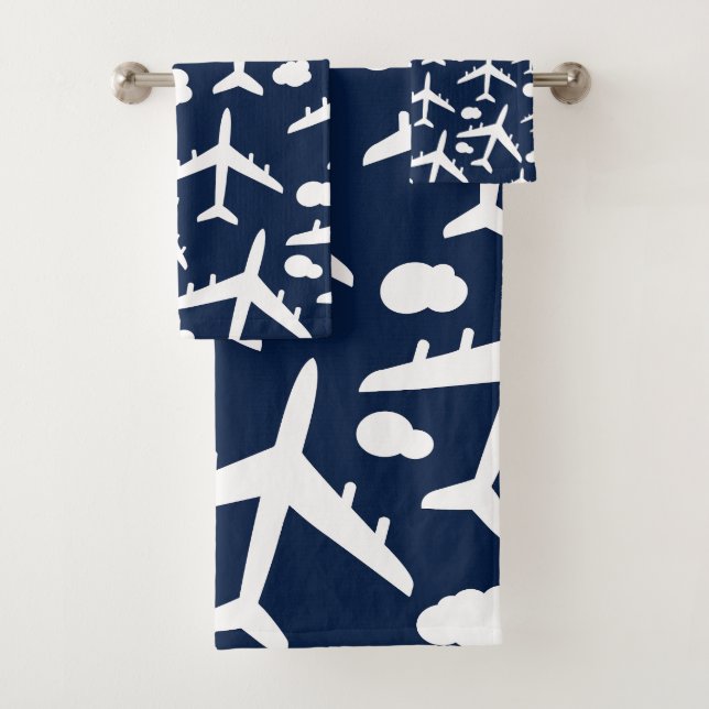 Black flying aeroplanes aircraft pattern design  bath towel set (Insitu)