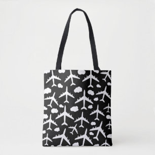 Black flying aeroplanes aircraft pattern design  tote bag