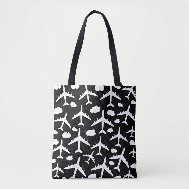 Black flying aeroplanes aircraft pattern design  tote bag (Front)