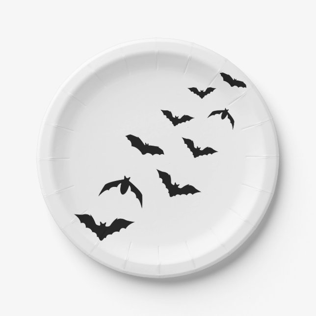 Black Flying Bat Silhouettes Simple Halloween Paper Plate (Front)