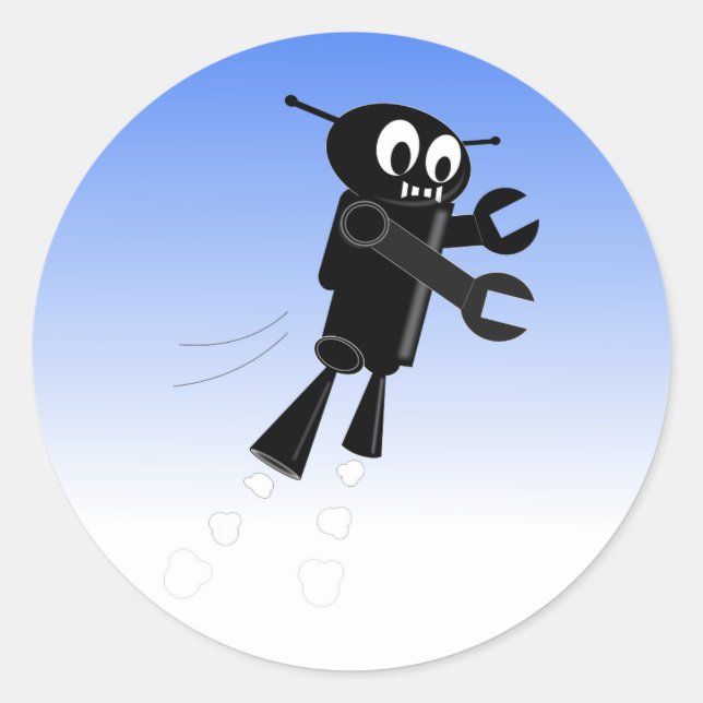 Black Flying Robot Blue Sky Background Classic Round Sticker (Front)