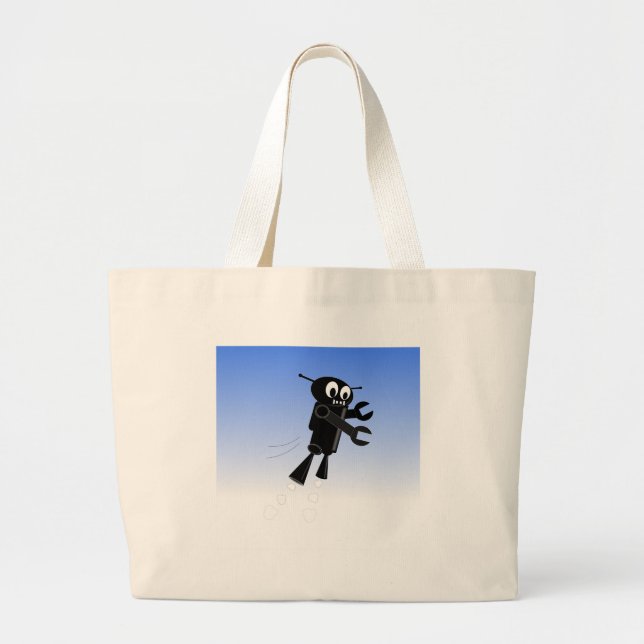 Black Flying Robot Blue Sky Background Large Tote Bag (Front)