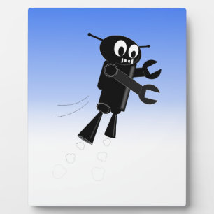 Black Flying Robot Blue Sky Background Plaque