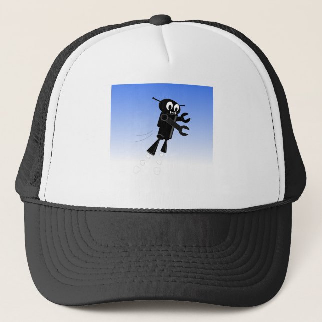 Black Flying Robot Blue Sky Background Trucker Hat (Front)